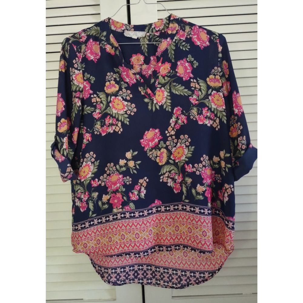 Pink Rose Blue Floral Roll Sleeve Tunic Top Size M Colorful Boho